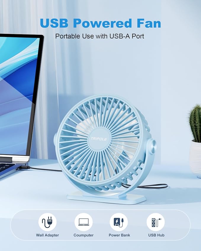 TriPole Small Desk Fan USB Powered Mini Portable Fan, 3 Speeds Strong Breeze - Image 2