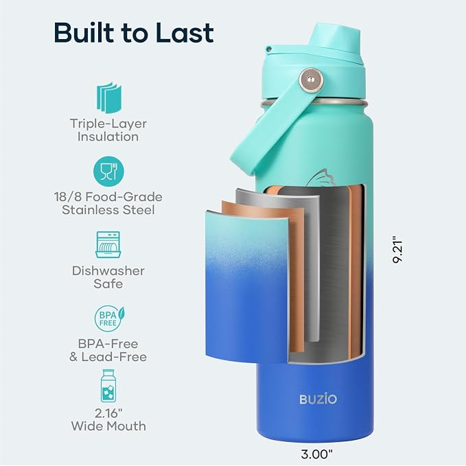 BUZIO 24 oz Insulated Water Bottle, Stainless Steel Wide Mouth Water Flask - Image 4