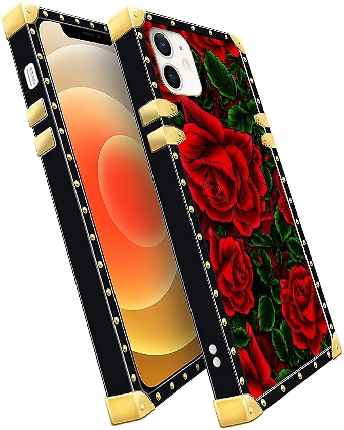 Compatible with iPhone 11 Case, Vector Red Rose Green Leaf Luxury Golden - Image 3