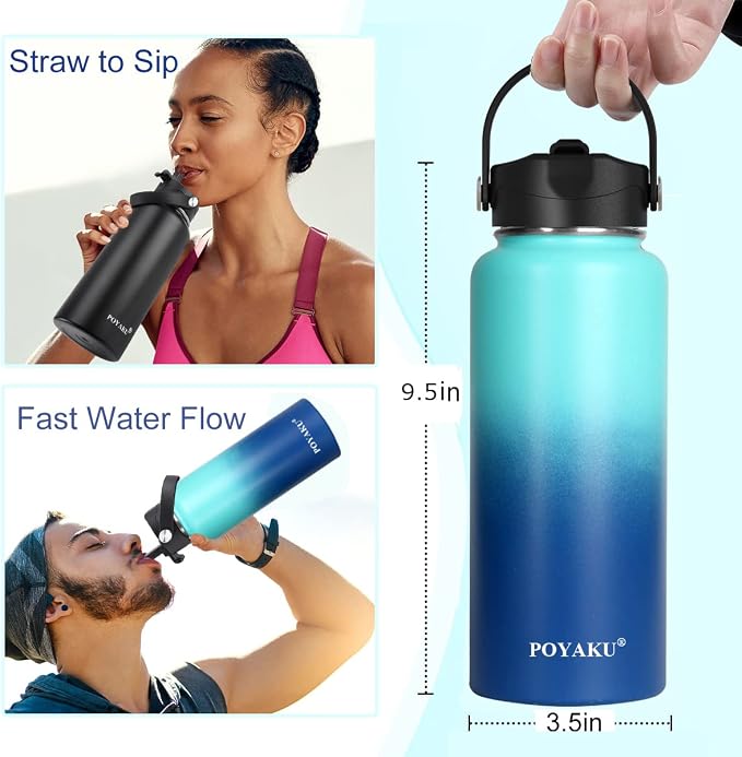 Water Bottle Insulated 32oz 40oz 64oz 128oz Straw Lid Spout Lid & 3 Lids - Image 3
