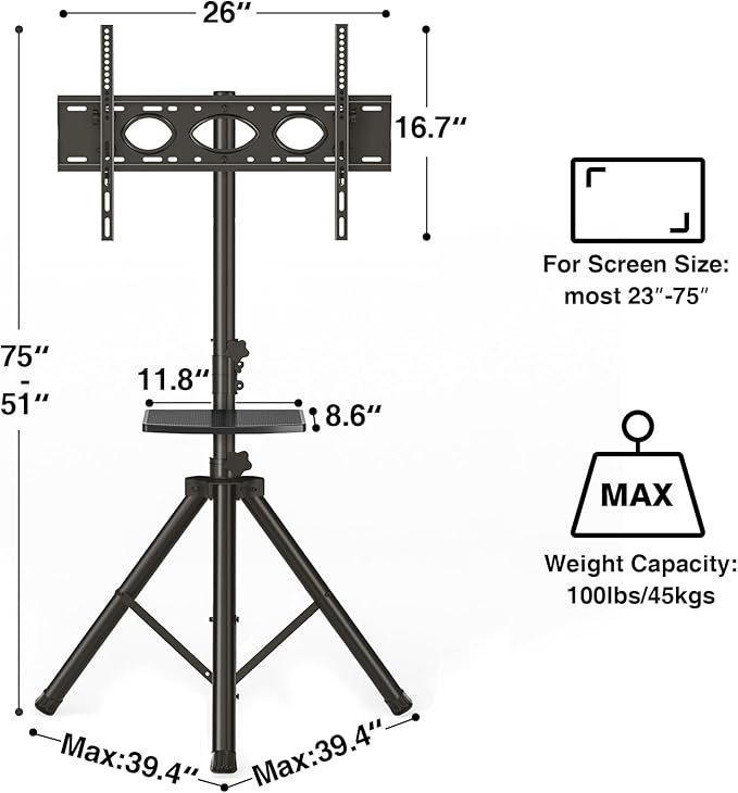Tripod TV Stand with Shelf for 23-75 inch TVs up to 100 lbs, Outdoor TV Stand - Image 7