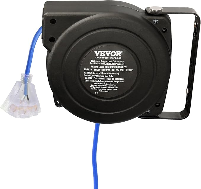 VEVOR Retractable Extension Cord Reel, 30 FT, Heavy Duty 16AWG/3C SJTOW - Image 10