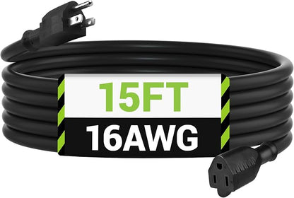 BN-LINK 15 ft Indoor/Outdoor Extension Cord 16/3 SJTW, Water & Weather Resistant by BN-LINK