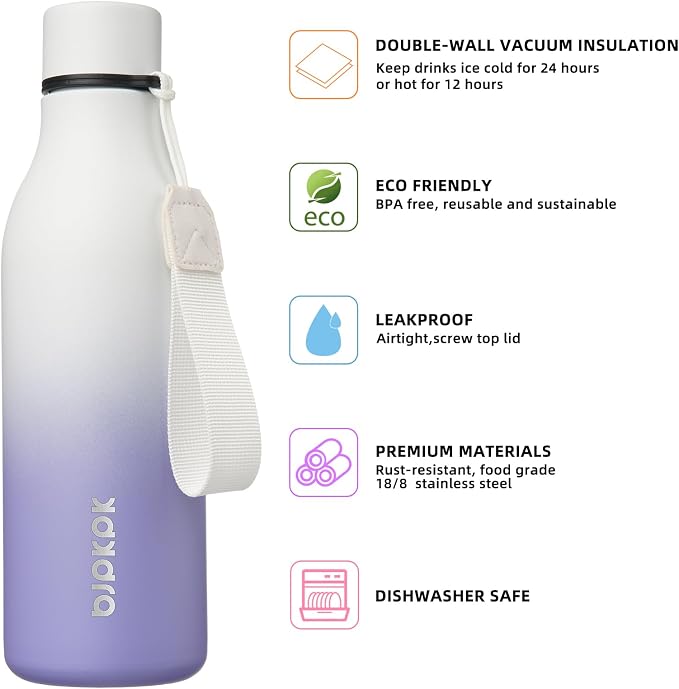BJPKPK Insulated Water Bottles, 18 oz Stainless Steel Metal Water Bottle - Image 2