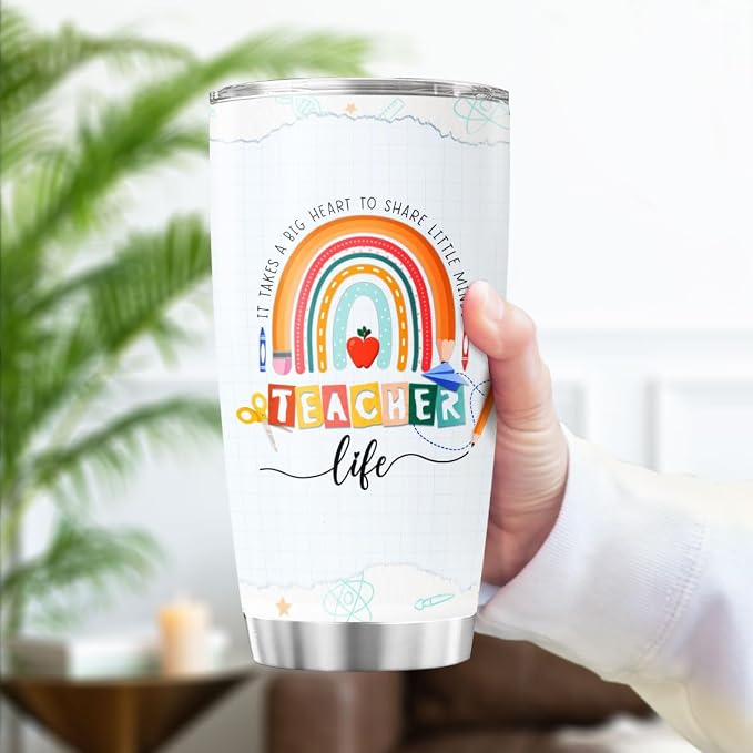 Teacher Appreciation Gift for Women, Cute Rainbow Design Stainless Steel Tumbler - Image 3
