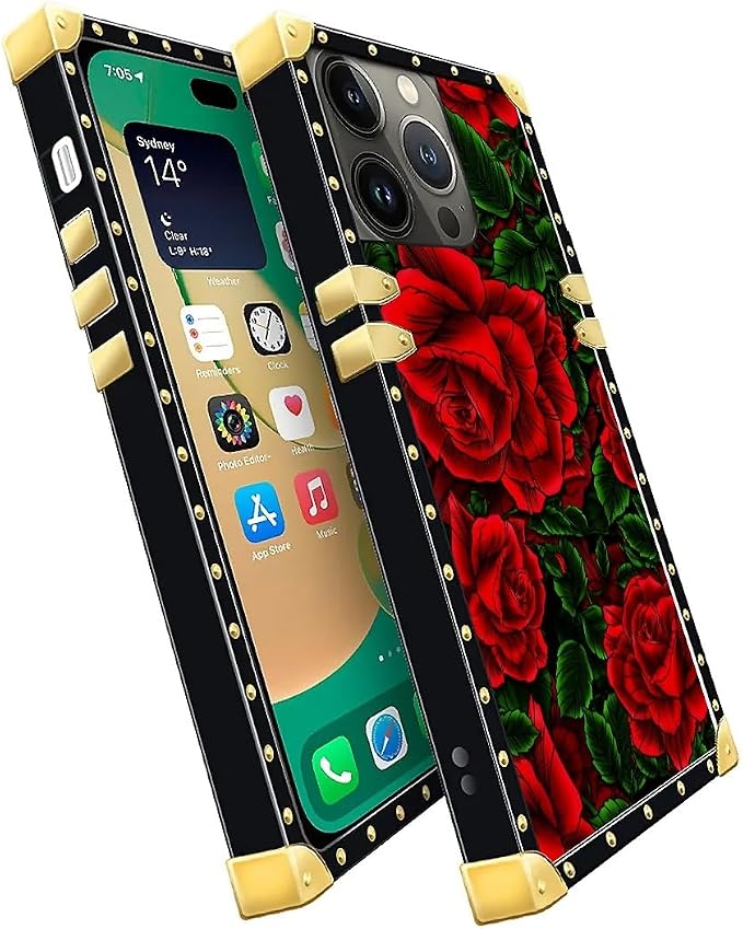 Compatible with iPhone 14 Pro Max Case, Vector Red Rose Green Leaf Luxury - Image 3