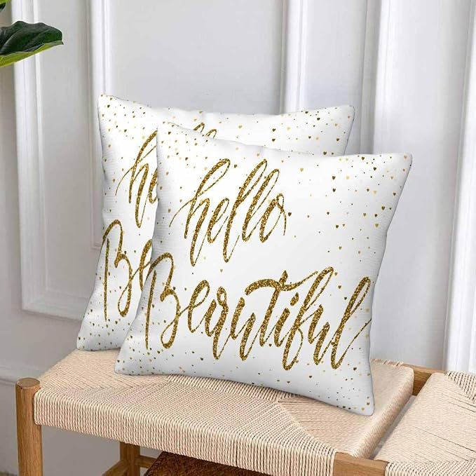 Hello Beautiful Bling Pillow Covers 18 X 18 Gold Glitter Motivational Quote Set - Image 4