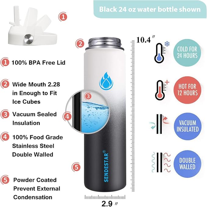 SENDESTAR Stainless Steel Wide Mouth Water Bottle 24oz Double Wall Vacuum - Image 4