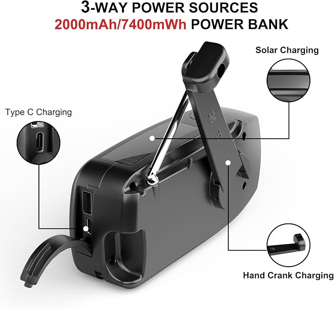Weather Emergency Radio, Portable Solar AM/FM/NOAA Hand Crank Radio, Cell Phone - Image 6