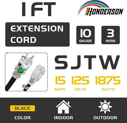 Extension Cord with Lighted End, UL Certified, 10 Gauge 1FT Black 3 Prong Heavy - Image 2