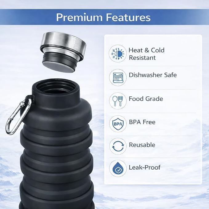 Collapsible Water Bottles, 16oz Portable Reusable Silicone Water Bottle - Image 5
