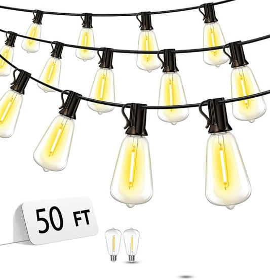 Outdoor Patio String Lights 50ft: ST38 LED Shatterproof Bulbs 3 Modes Button by Vozuji