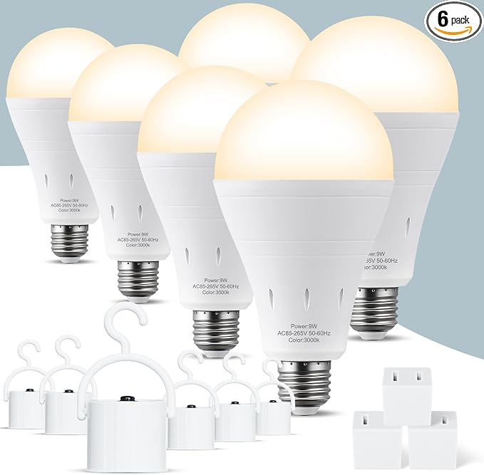 6Pack Rechargeable Emergency Light Bulb, A19 9W Warm White 3000K Self-Charging by ALUOCYI