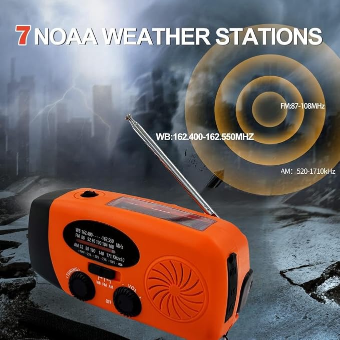 7400mWh Weather Emergency Radio, Portable Solar AM/FM/NOAA Hand Crank Radio - Image 8