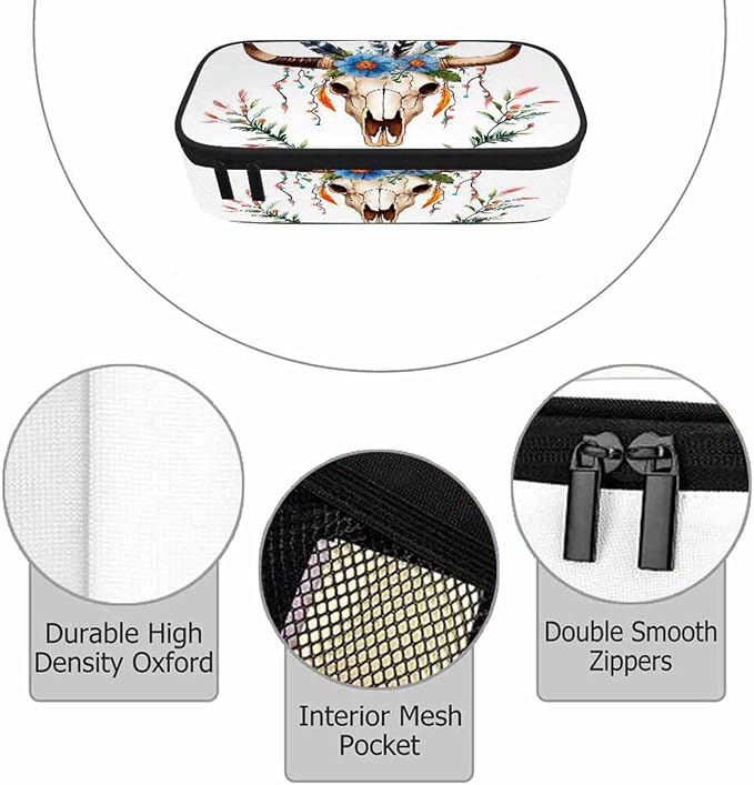 Cow Skull Pencil Holder Bag Bull Head Flowers Feathers Boho Style Pencil Case - Image 3