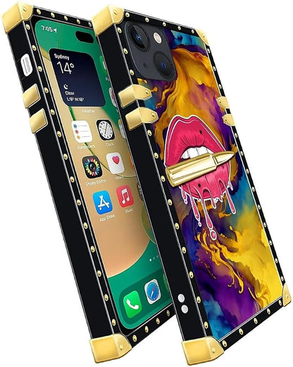 Compatible with iPhone 14 Case, Cool Corlorful Lip Marble Luxury Golden - Image 3