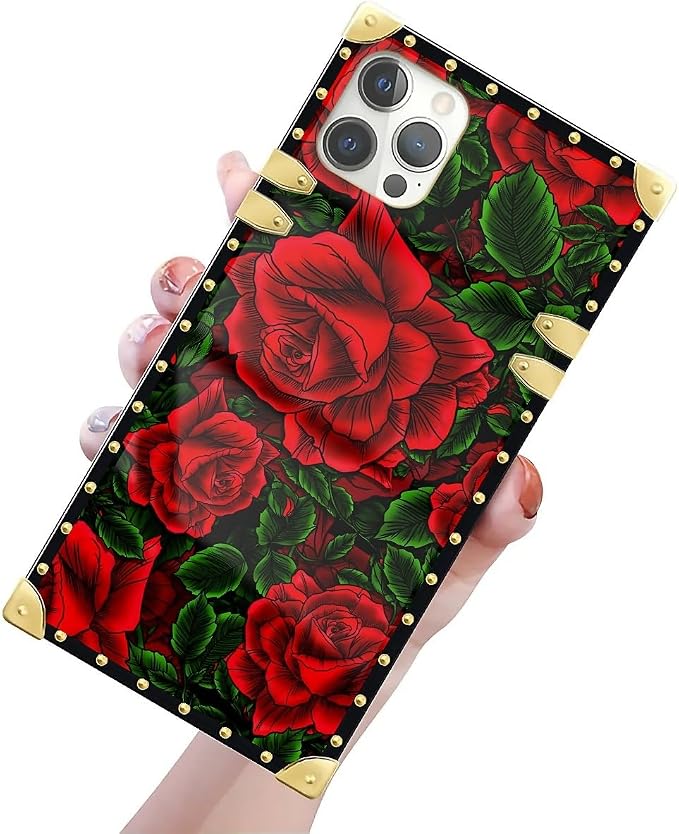 Compatible with iPhone 12 12 Pro Case, Vector Red Rose Green Leaf Luxury Golden - Image 3