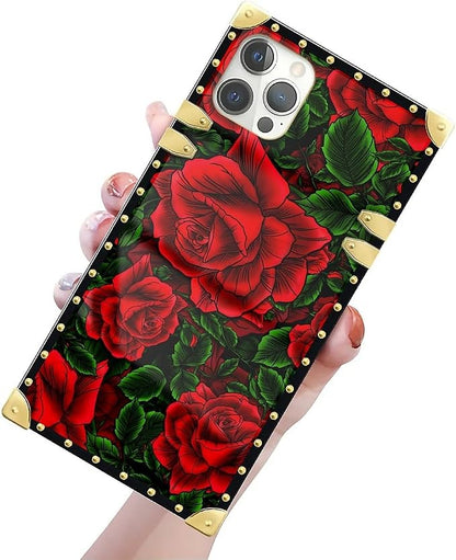 Compatible with iPhone 12 12 Pro Case, Vector Red Rose Green Leaf Luxury Golden - Image 3