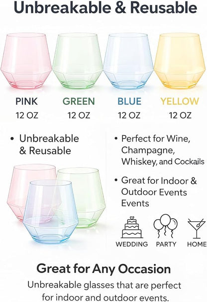 Oojami 40 Pack Diamond Plastic Wine Glasses 12oz Gold Rim Stemless Disposable - Image 3