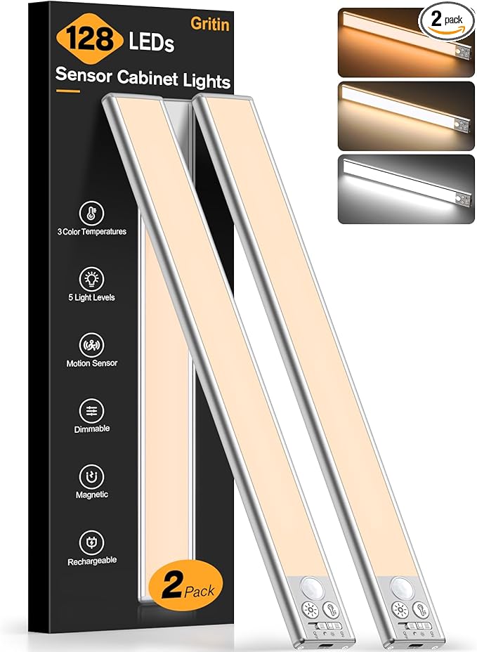 Gritin 14.7inch Under Cabinet Lighting Rechargeable 2 Pack- 3 Color Temps&5 by Gritin
