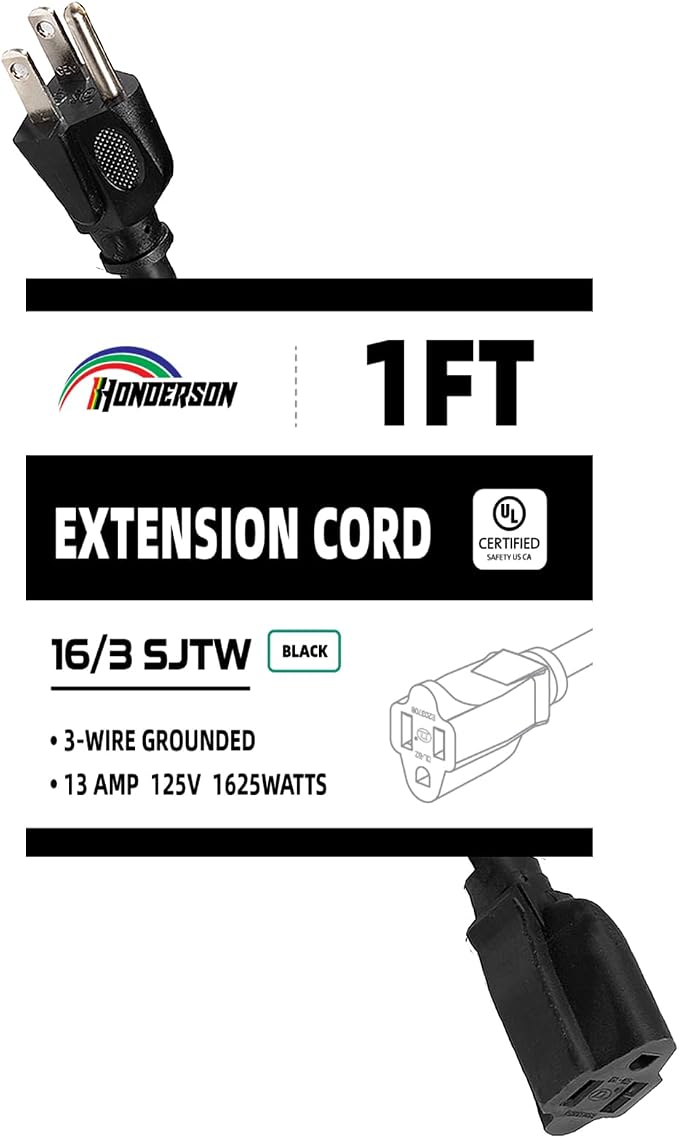 Extension Cord, UL Certified, 16 Gauge 1FT Black 3 Prong Heavy Duty, 16/3 SJTW by HONDERSON