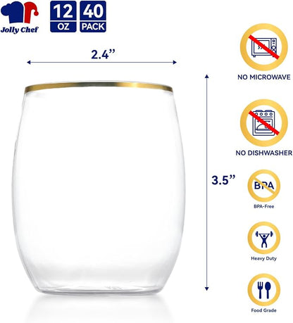 JOLLY CHEF 12 oz 40 Pack Gold Plastic Wine Glasses Stemless, Shatterproof - Image 2