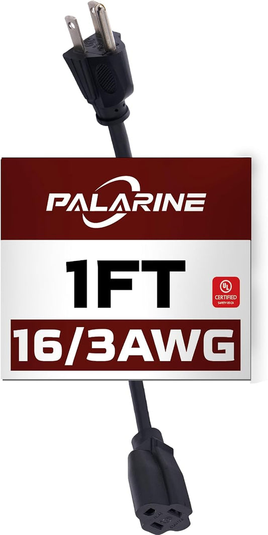 1ft Black Extension Cord Waterproof, UL Listed, 16/3 SJTW Heavy Duty 3 Prong by PALARINE