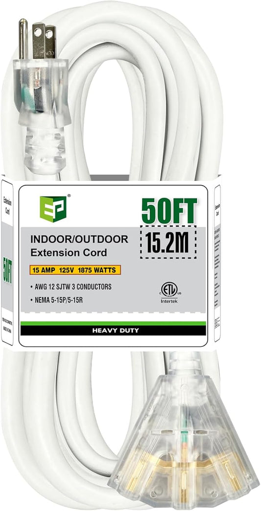 EP 50FT 12 Gauge Heavy Duty Extension Cord, 15A 125V 1875W, 3 Outlet by ENERGYPRO