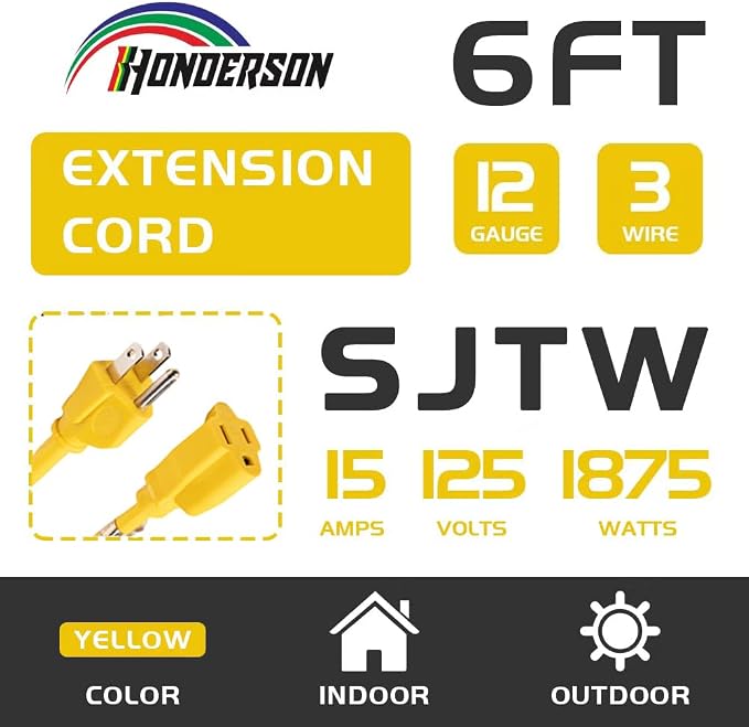 Indoor/Outdoor Extension Cord, 12 Gauge 6FT Yellow 3 Prong Heavy Duty, - Image 2