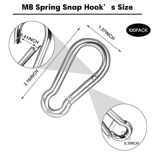 100 PCS 3'' Spring Snap Hook Carabiner, M8 5/16 Inch Galvanized Silver Steel - Image 2