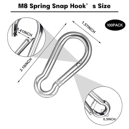 100 PCS 3'' Spring Snap Hook Carabiner, M8 5/16 Inch Galvanized Silver Steel - Image 2