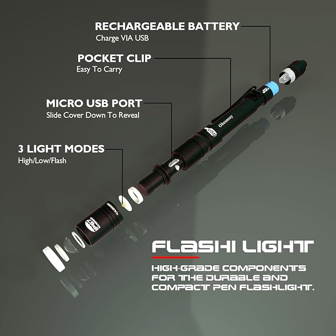 okcomuy Rechargeable LED Pen Light Flashlight, 300 Lumens IP67 Waterproof - Image 3
