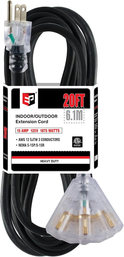 EP 20 Ft 12 Gauge Heavy Duty Extension Cord, 15A 125V 1875W, 3 Outlet by ENERGYPRO