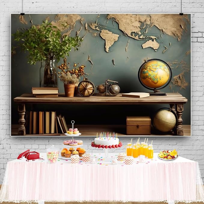 7x5ft Vintage World Map Backdrop Wooden Desk Globe Photography Background Study - Image 5