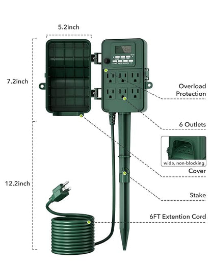 BN-LINK Outdoor Power Stake, 7-Day Programmable Digital Timer, 6 Outlets - Image 5