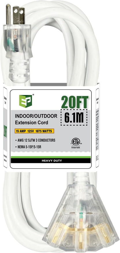 EP 20FT 12 Gauge Heavy Duty Extension Cord, 15A 125V 1875W, 3 Outlet by ENERGYPRO