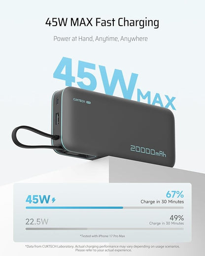 CUKTECH 45W Power Bank 20000mAh, Portable Travel Charger Built-in USB C Cable - Image 2