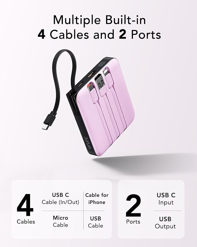 VRURC Portable Charger with Built-in Cable, 10000mAh 22.5W Fast Charging USB C - Image 6