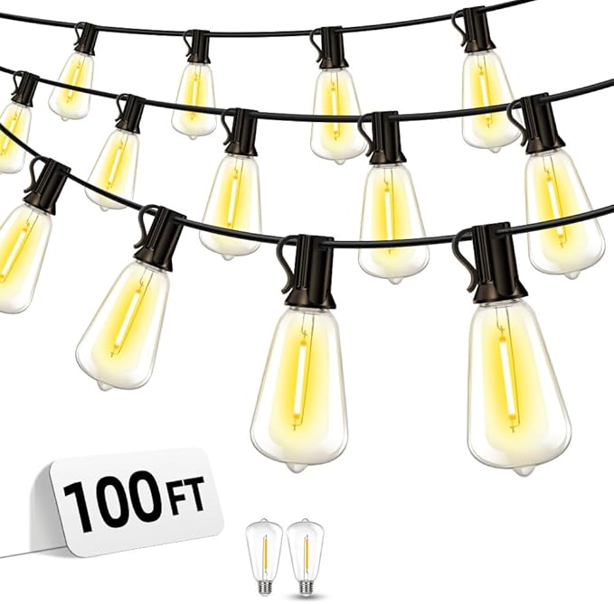 Outdoor Patio String Lights 100ft: ST38 LED Shatterproof Bulbs 3 Modes Button by Vozuji