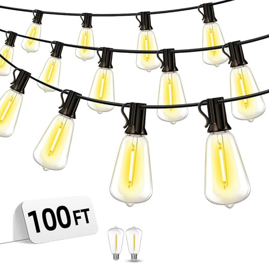 Outdoor Patio String Lights 100ft: ST38 LED Shatterproof Bulbs 3 Modes Button by Vozuji