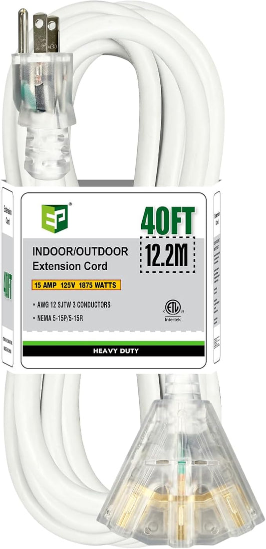 EP 40FT 12 Gauge Heavy Duty Extension Cord, 15A 125V 1875W, 3 Outlet by ENERGYPRO