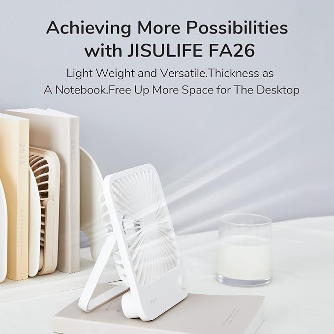 JISULIFE Small Desk Fan Battery Operated, 180° Foldable Portable Fan, 4 Speeds - Image 2