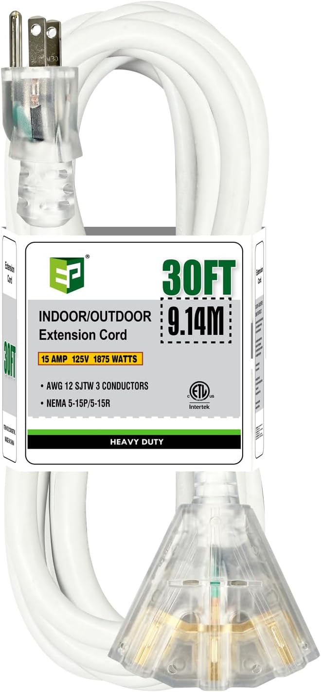 EP 30FT 12 Gauge Heavy Duty Extension Cord, 15A 125V 1875W, 3 Outlet by ENERGYPRO