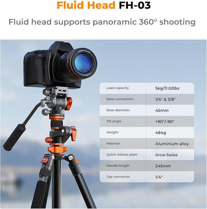 K&F CONCEPT 90''/230cm Overhead Camera Tripod, Horizontal Shooting Video Tripods - Image 3