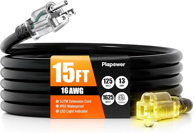 Outdoor Extension Cord 15 FT Waterproof, 12/3 Gauge Heavy Duty 3 Prong Power by Unknown