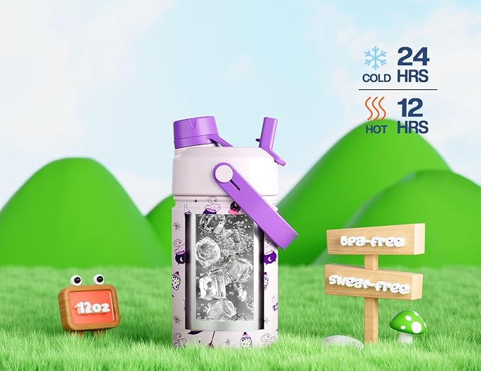 12 oz Kids Insulated Water Bottle: 2-in-1 Straw Spout Lid, Keep Cold 24H - Image 5