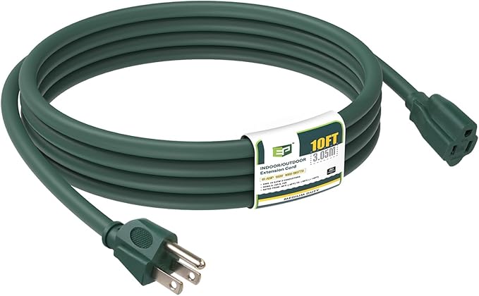 EP 10FT Green Outdoor Extension Cord, 16/3 SJTW Heavy Duty Waterproof, 3 Prong by ENERGYPRO