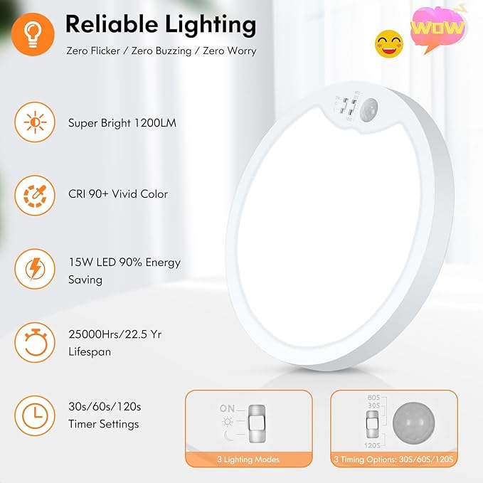 Brightever 7 Inch Motion Sensor Ceiling Light Wired, 15W 1500LM Close to - Image 6
