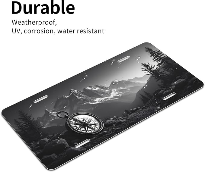 Mountain Compass License Plate Black White Adventure Design - Image 3