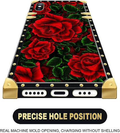 Compatible with iPhone Xs Max Case, Vector Red Rose Green Leaf Luxury Golden - Image 5